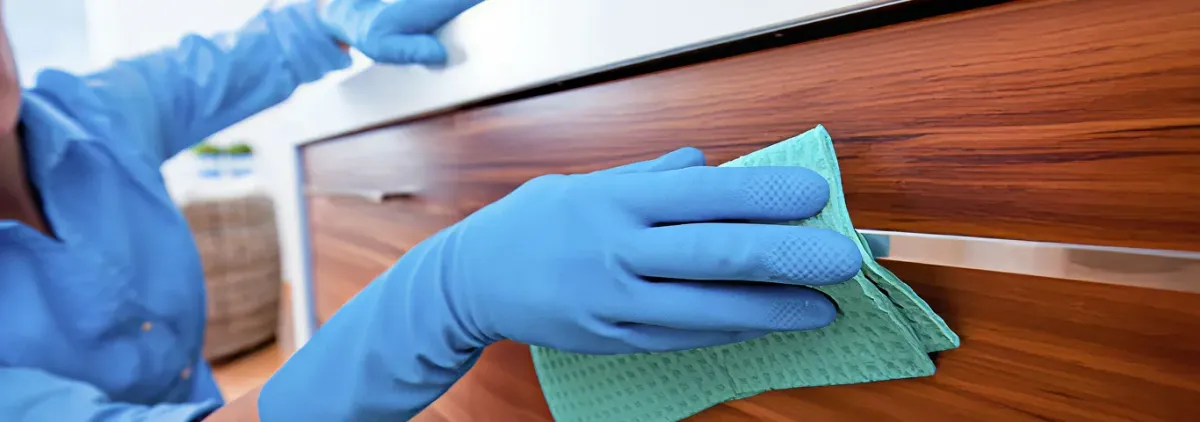 Cleaner wearing blue gloves wiping a wooden cabinet drawer with a microfiber cloth for dust and grime removal, Honolulu, HI.