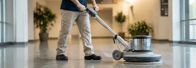 Professional technician using an industrial floor buffer to polish and maintain shiny commercial flooring in a corporate hallway in Honolulu, HI.