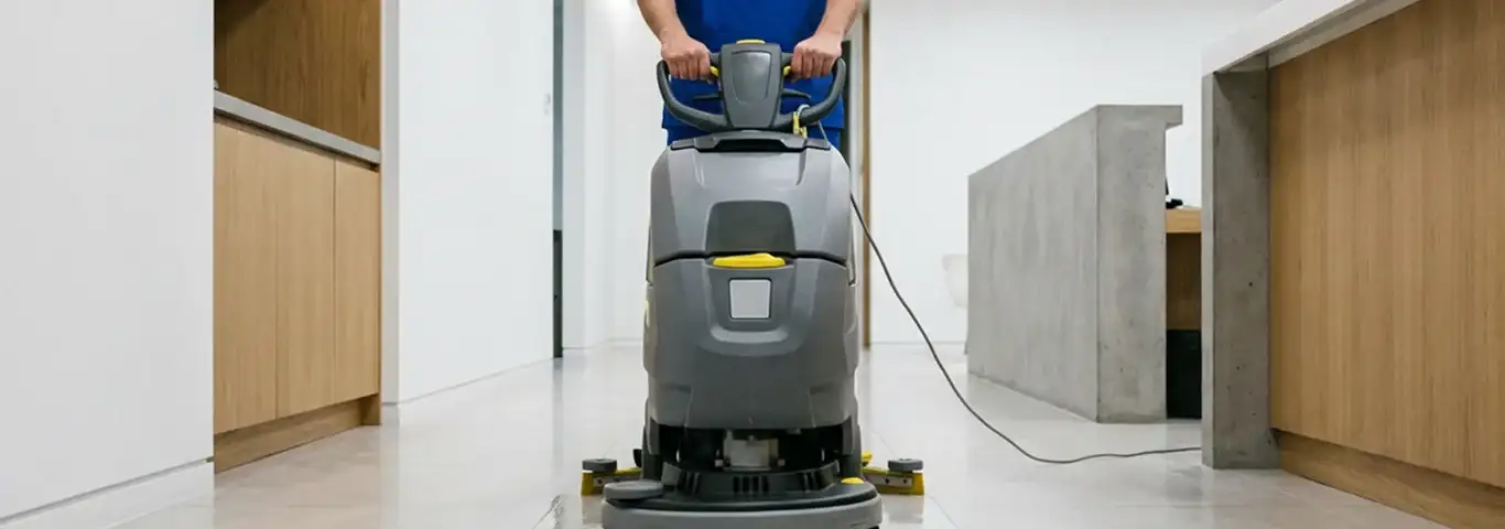 Janitorial staff using a floor scrubber machine to clean a commercial hallway, Honolulu, HI.