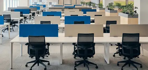 Modern open-plan office space featuring clean workstations, ergonomic chairs, and sanitized carpets provided by professional office cleaning services in Honolulu, HI.
