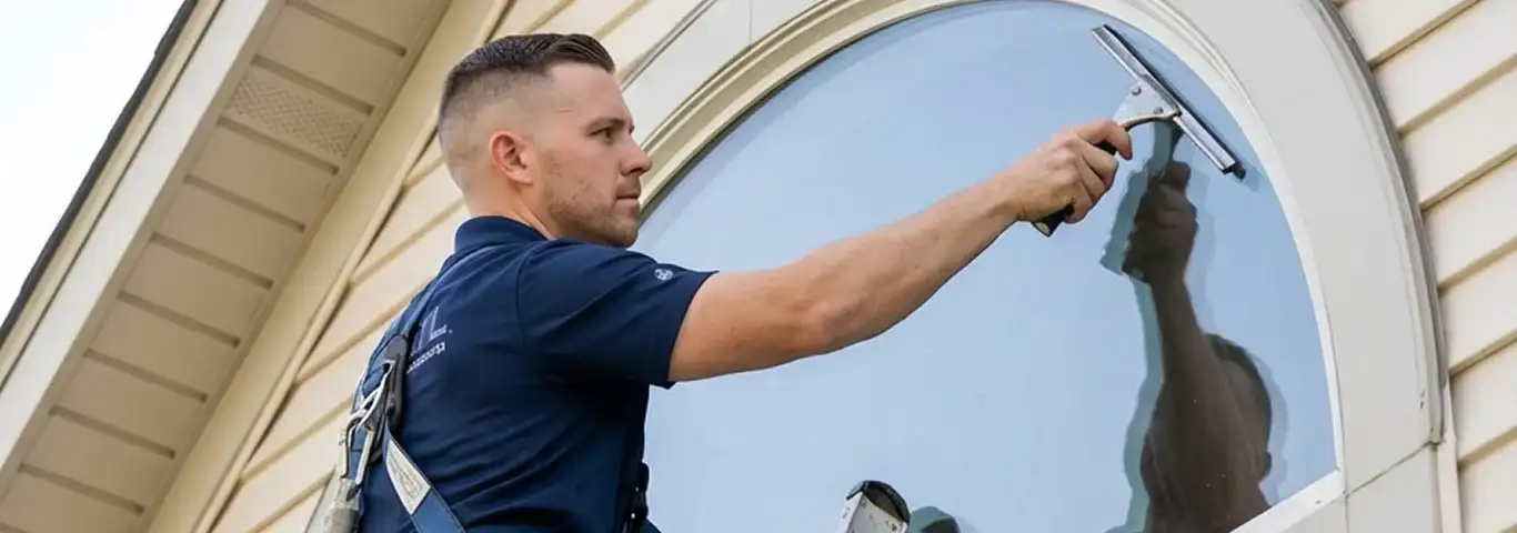 Professional window cleaner using a squeegee to clean an exterior arched window on a home, Honolulu, HI.
