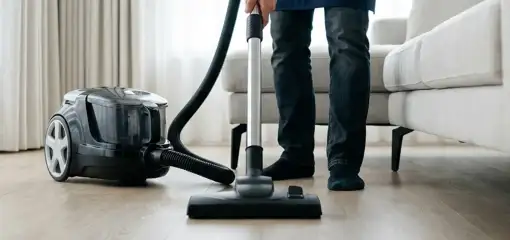 Professional house cleaner vacuuming a living room floor with a canister vacuum cleaner, Honolulu, HI.