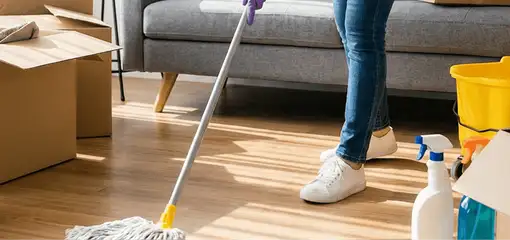 Move-out cleaning setup with a cleaner mopping hardwood floors near moving boxes and cleaning supplies, Honolulu, HI.
