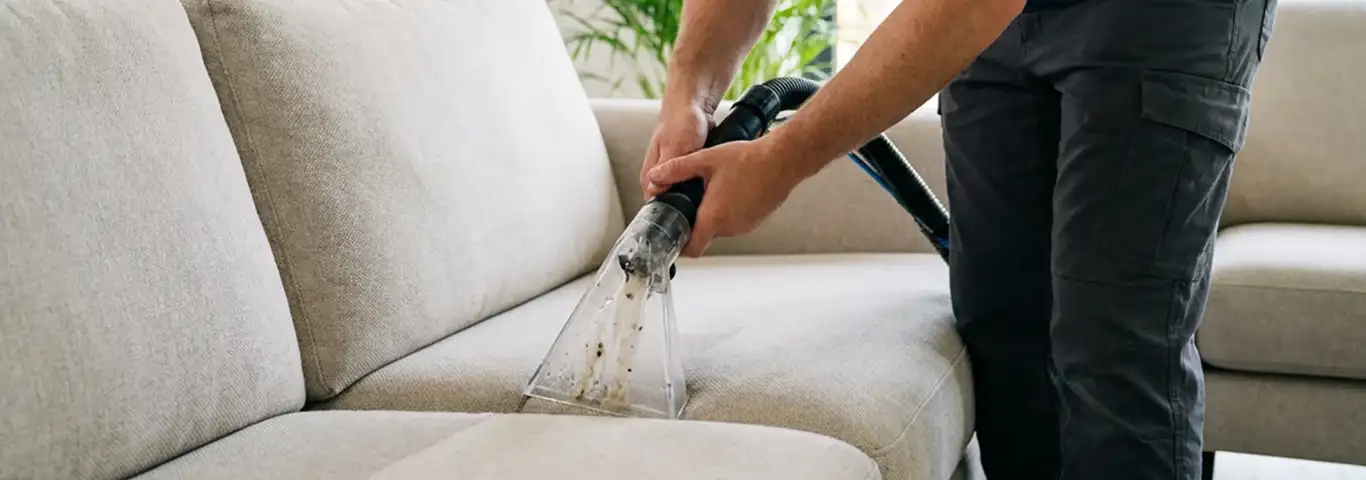 Technician extracting dirt and moisture from a fabric sofa with an upholstery cleaning wand, Honolulu, HI.