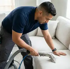 Professional upholstery cleaning technician using an extraction wand to deep-clean a fabric sofa, Honolulu, HI.