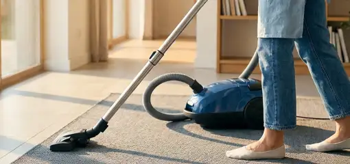Person vacuuming a living room rug with a canister vacuum cleaner near large windows, Honolulu, HI.